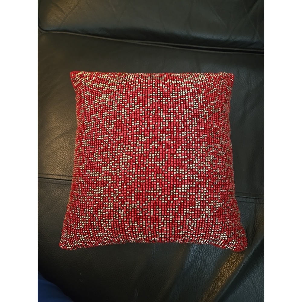 Mini Toss Decorative 10in Square Gold & Red Beaded Pillow Target
